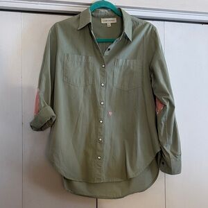 Kerry Rosenthal designer olive green with pink heart elbow accents snap closure